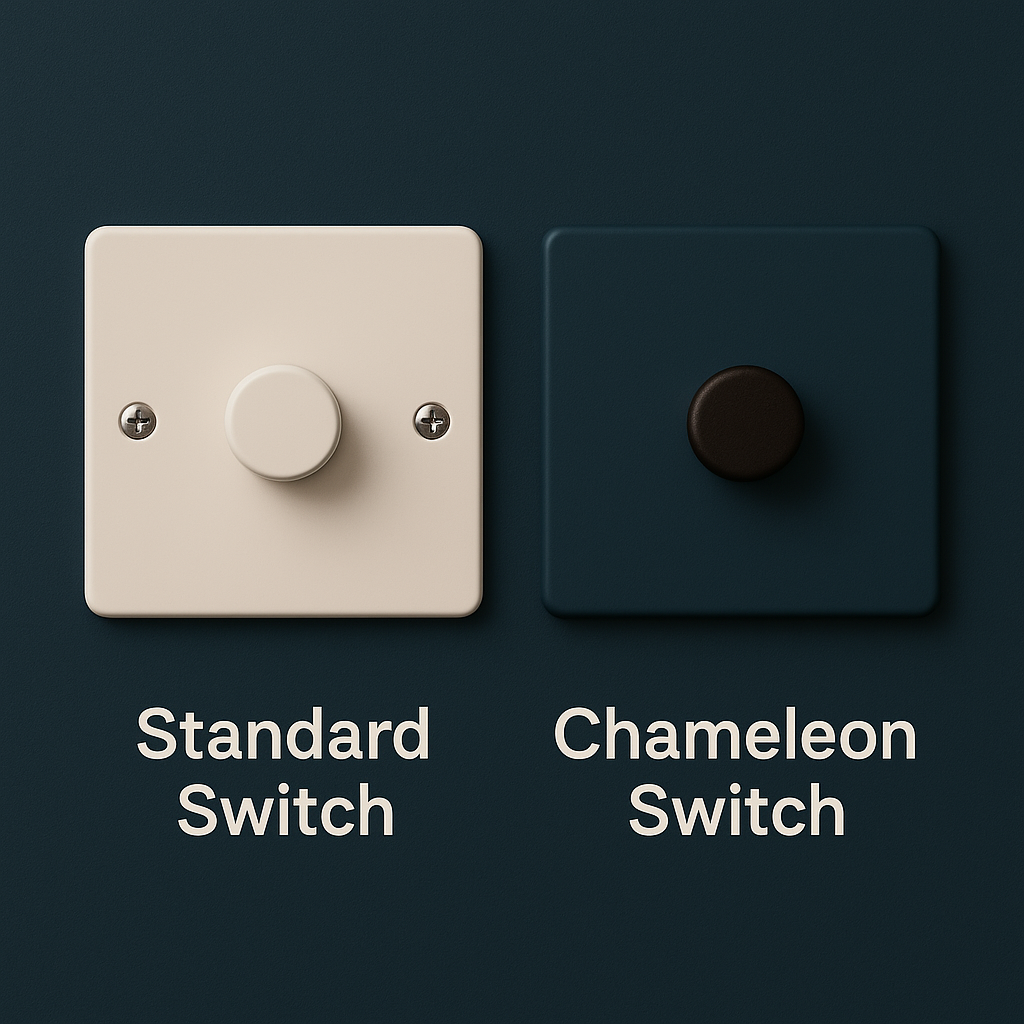 Two light switches, one labeled white 'Standard Switch' and the other Hague blue 'Chameleon Switch', on a Hague blue background.