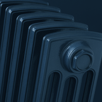 Close-up of a hague blue radiator against a matching hague blue background