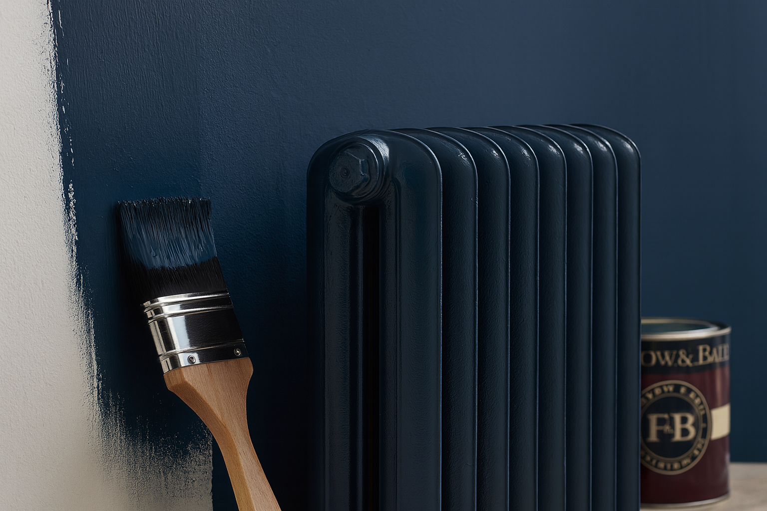 Hague Blue radiator with a paintbrush and can of paint against a Hague Blue wall.