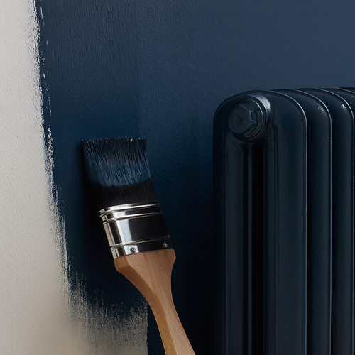 Hague Blue radiator with a paintbrush and can of paint against a Hague Blue wall.