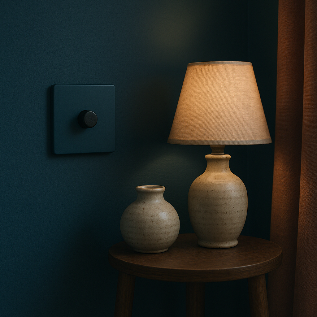 Lamp and vases on a wooden table against a Hague Blue wall with a light switch.