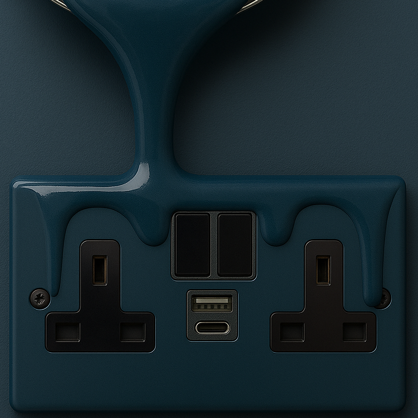 Hague Blue electrical socket with multiple outlets on a Hague Blue  background and paint dripping