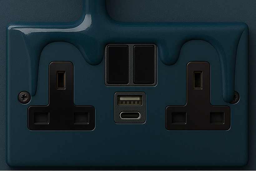 Hague Blue electrical socket with multiple outlets on a Hague Blue  background and paint dripping