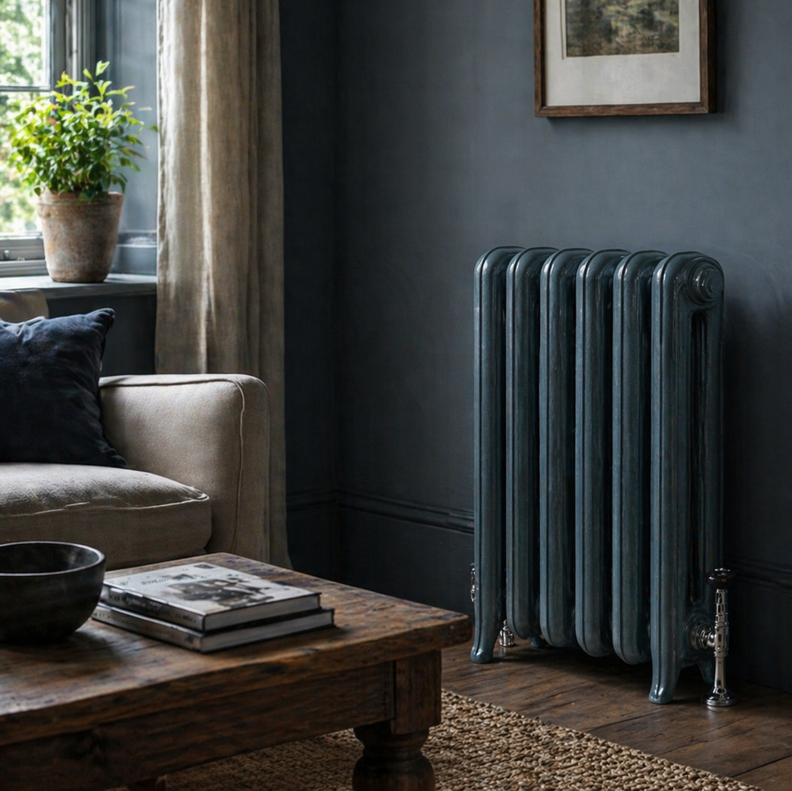 Hague Blue Living room with a cast iron radiator against a Hague Blue wall.