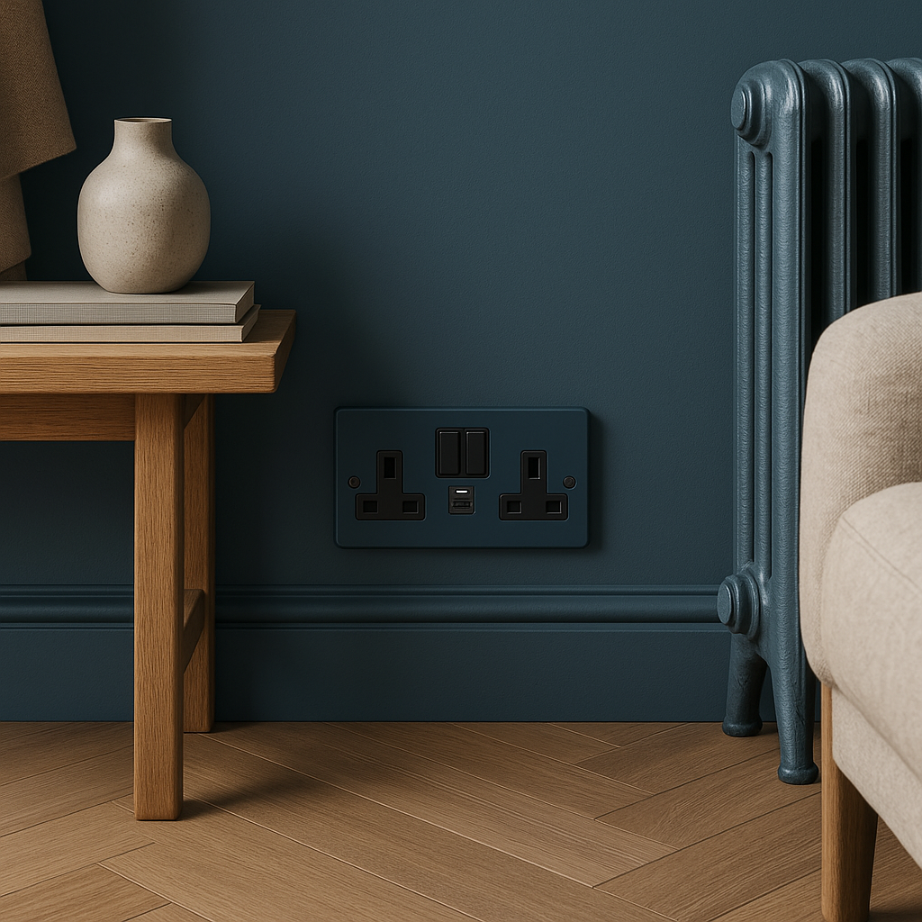 Hague Blue plug socket on a Hague Blue  wall with wooden furniture and a radiator in the background.
