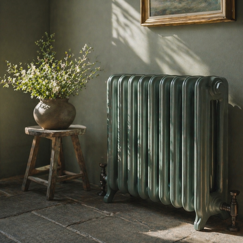 Traditional Green Smoke radiator against a Green Smoke wall with a plant and stool in a room.