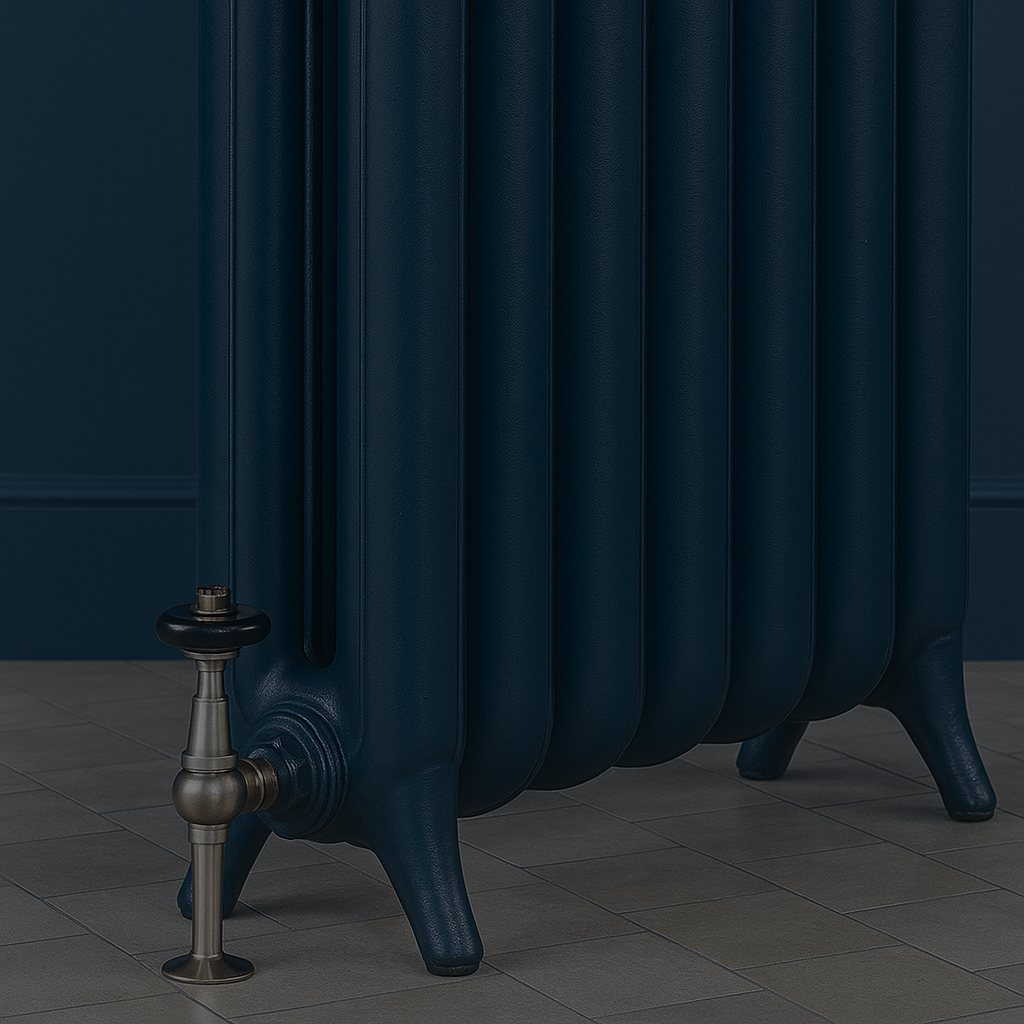 Hague blue radiator against a Hague blue wall on a tiled floor