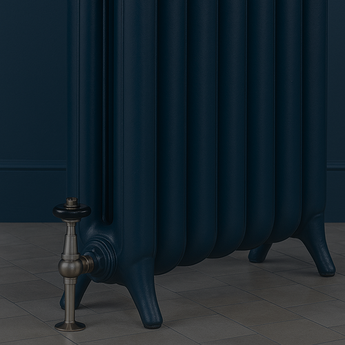 Hague blue radiator against a Hague blue wall on a tiled floor