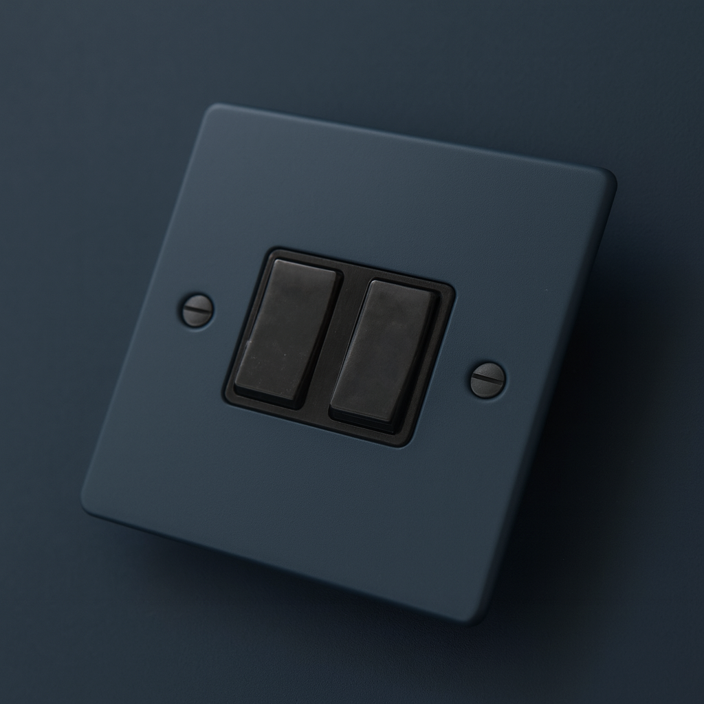 Hague Blue light switch with two black rocker buttons on a Hague Blue background