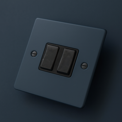 Hague Blue light switch with two black rocker buttons on a Hague Blue background