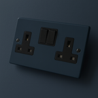 Hague blue electrical socket with black switches on a Hague blue background