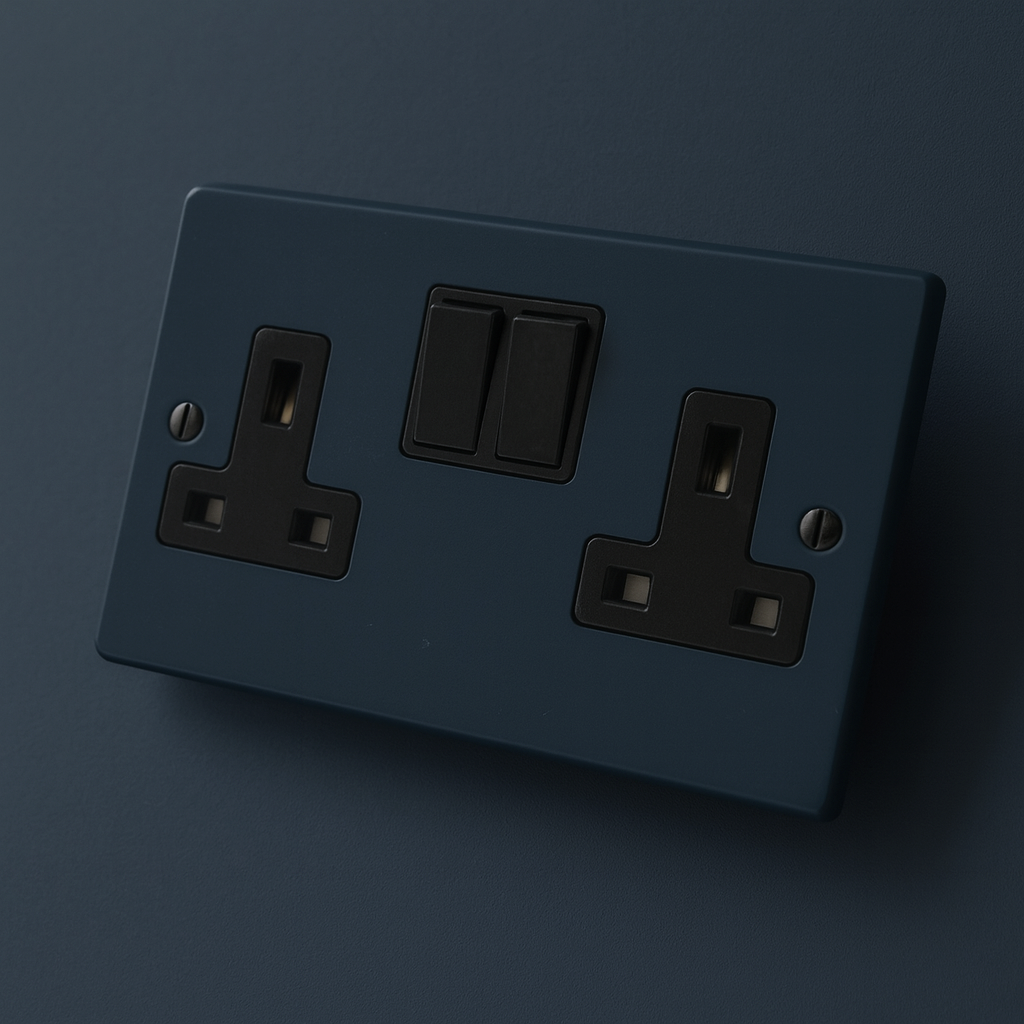 Hague blue electrical socket with black switches on a Hague blue background