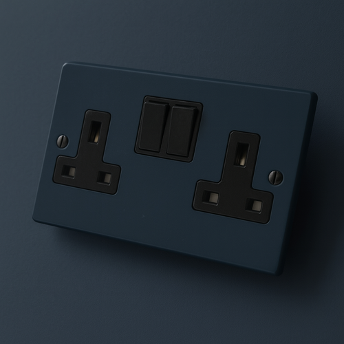 Hague blue electrical socket with black switches on a Hague blue background