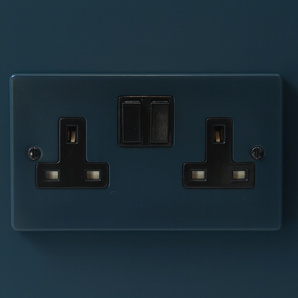 Hague Blue electrical socket with two sockets and a switch on a Hague blue background