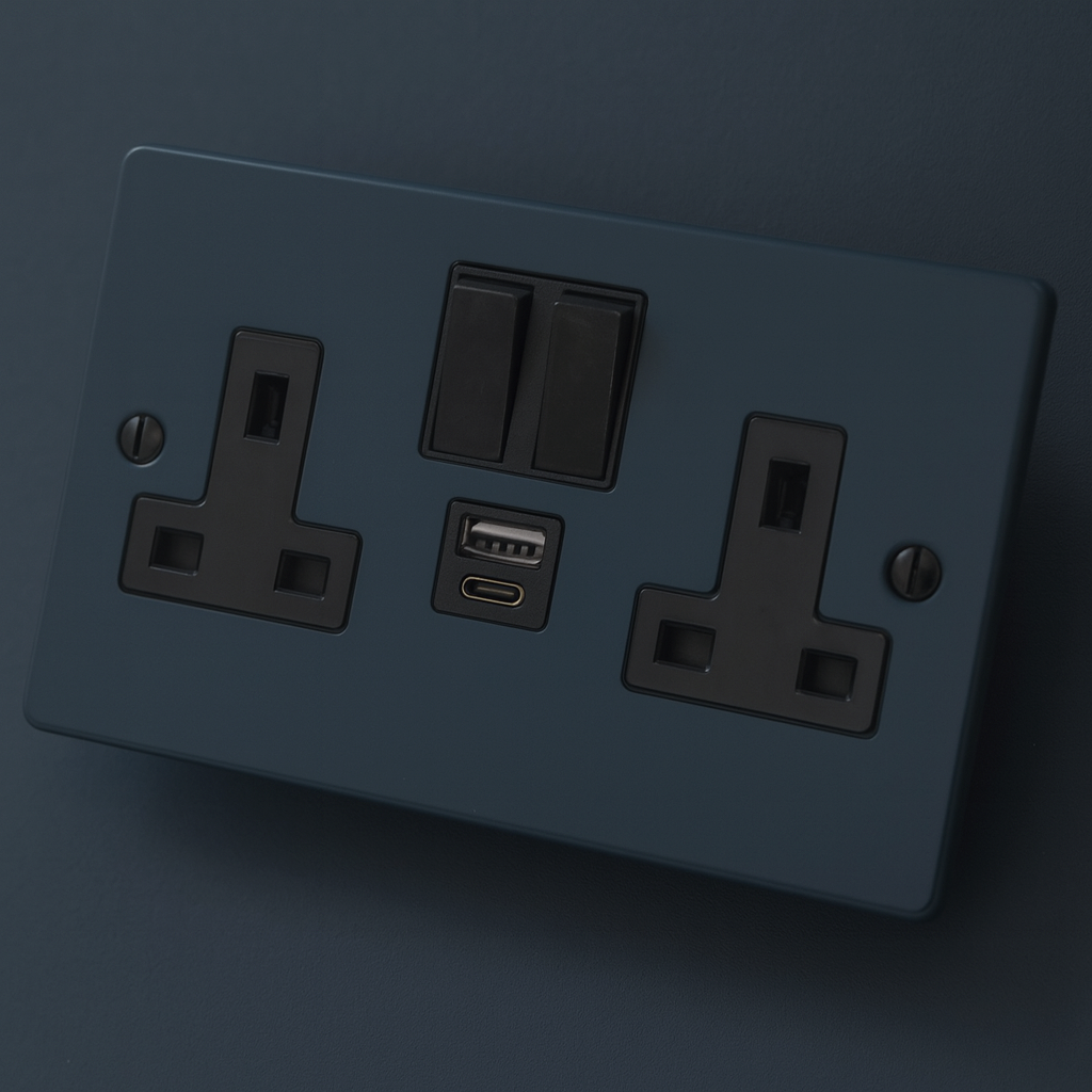 Hague Blue electrical socket with two sockets and a switch on a Hague Blue background