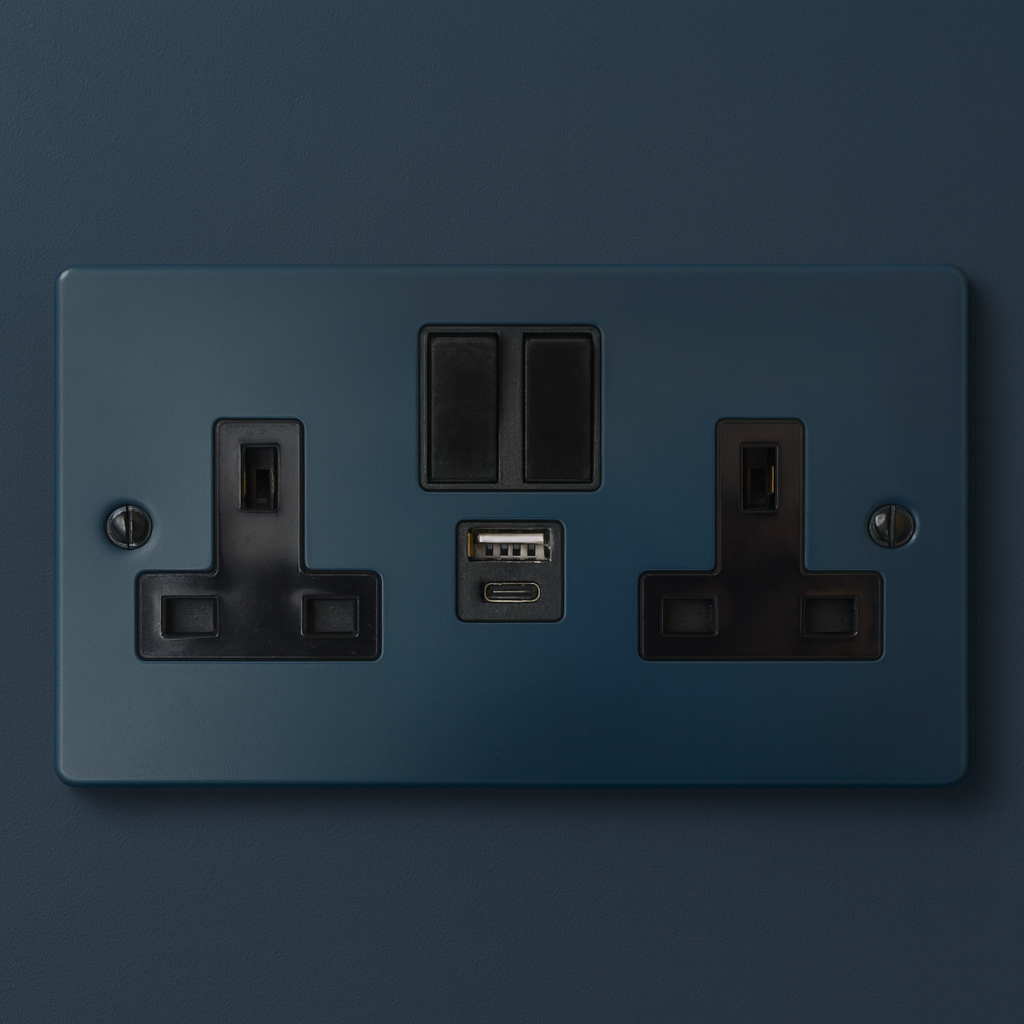 Hague blue electrical socket with multiple outlets on a Hague  blue background