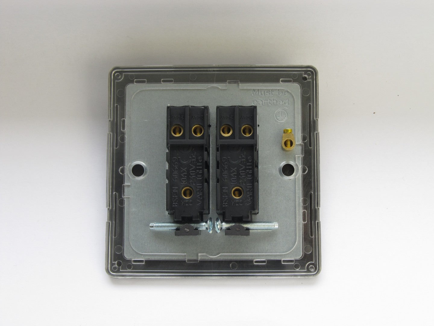 Electrical junction box with black connectors on a white background