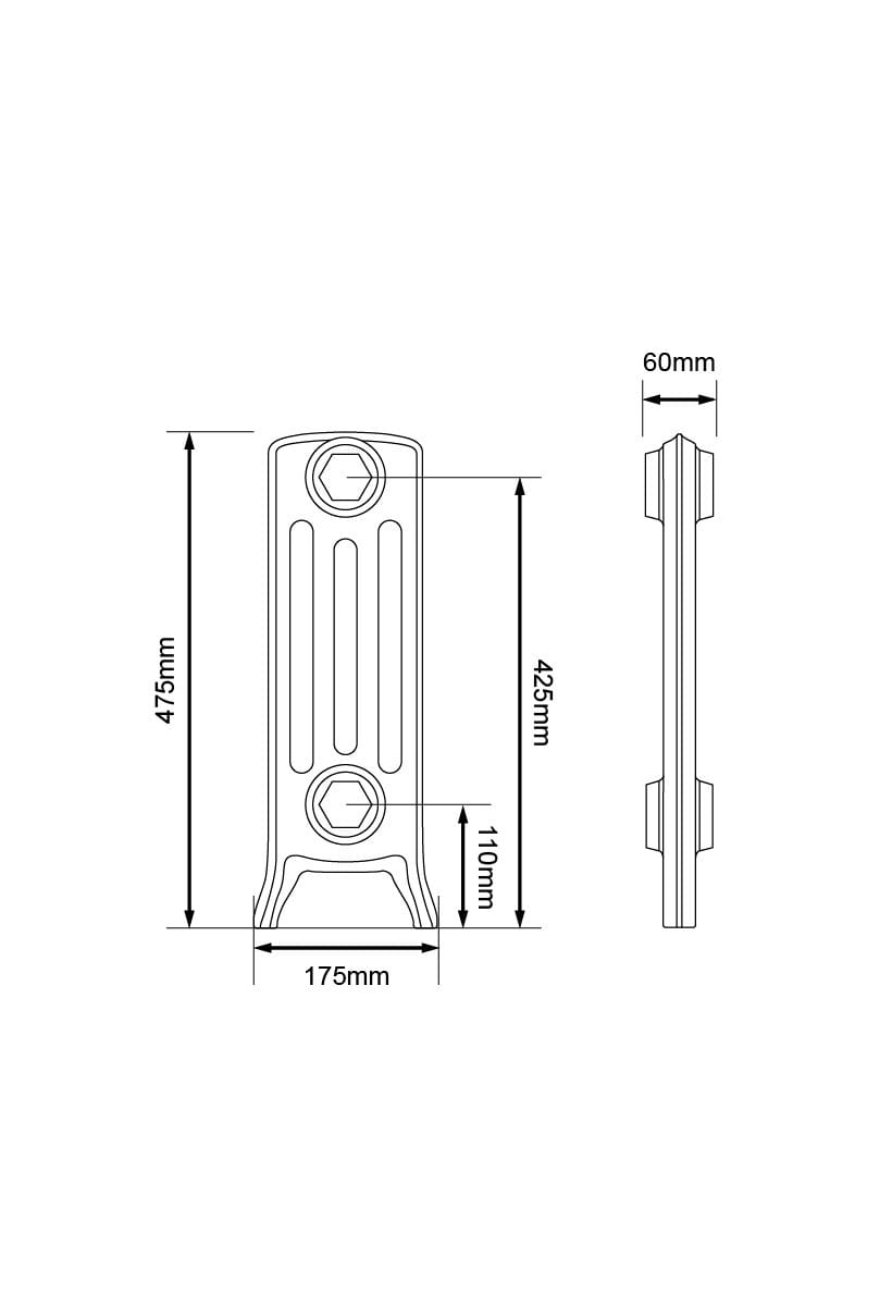 Technical drawing of a radiator with dimensions labeled