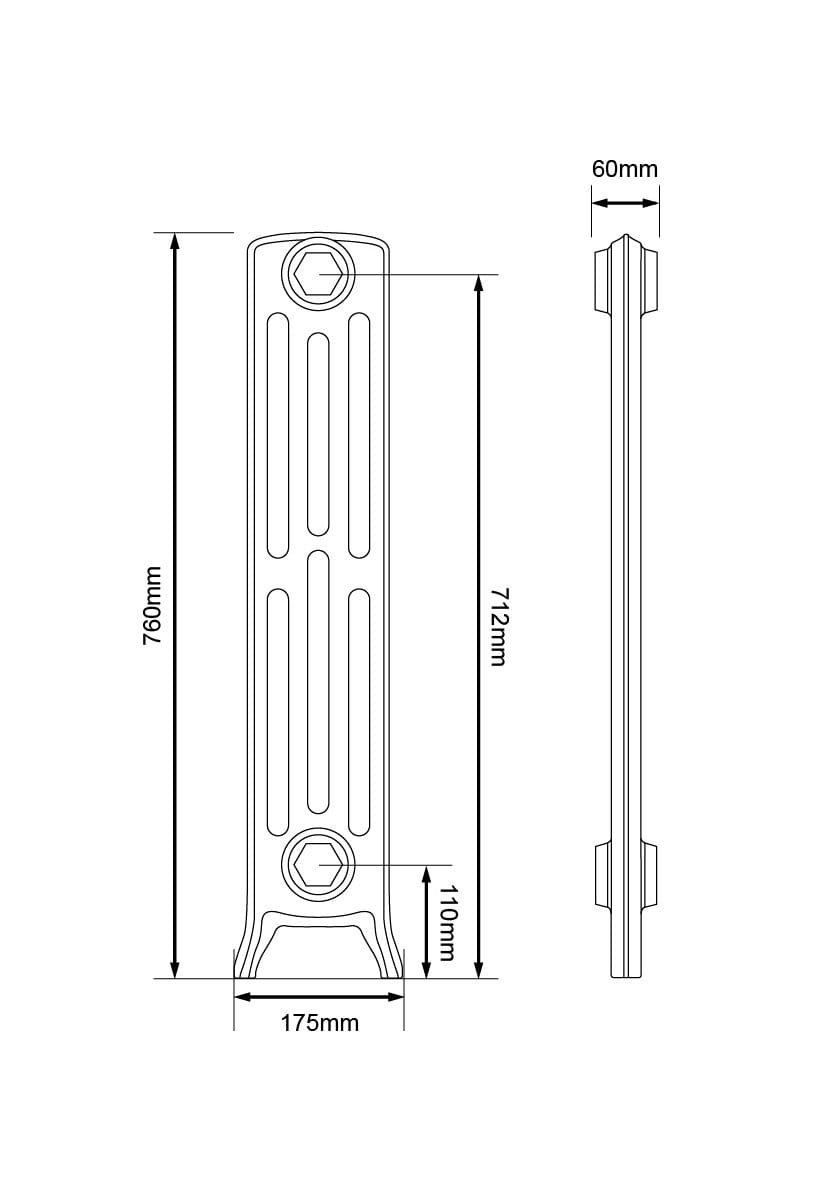Technical drawing of a metal radiator with dimensions