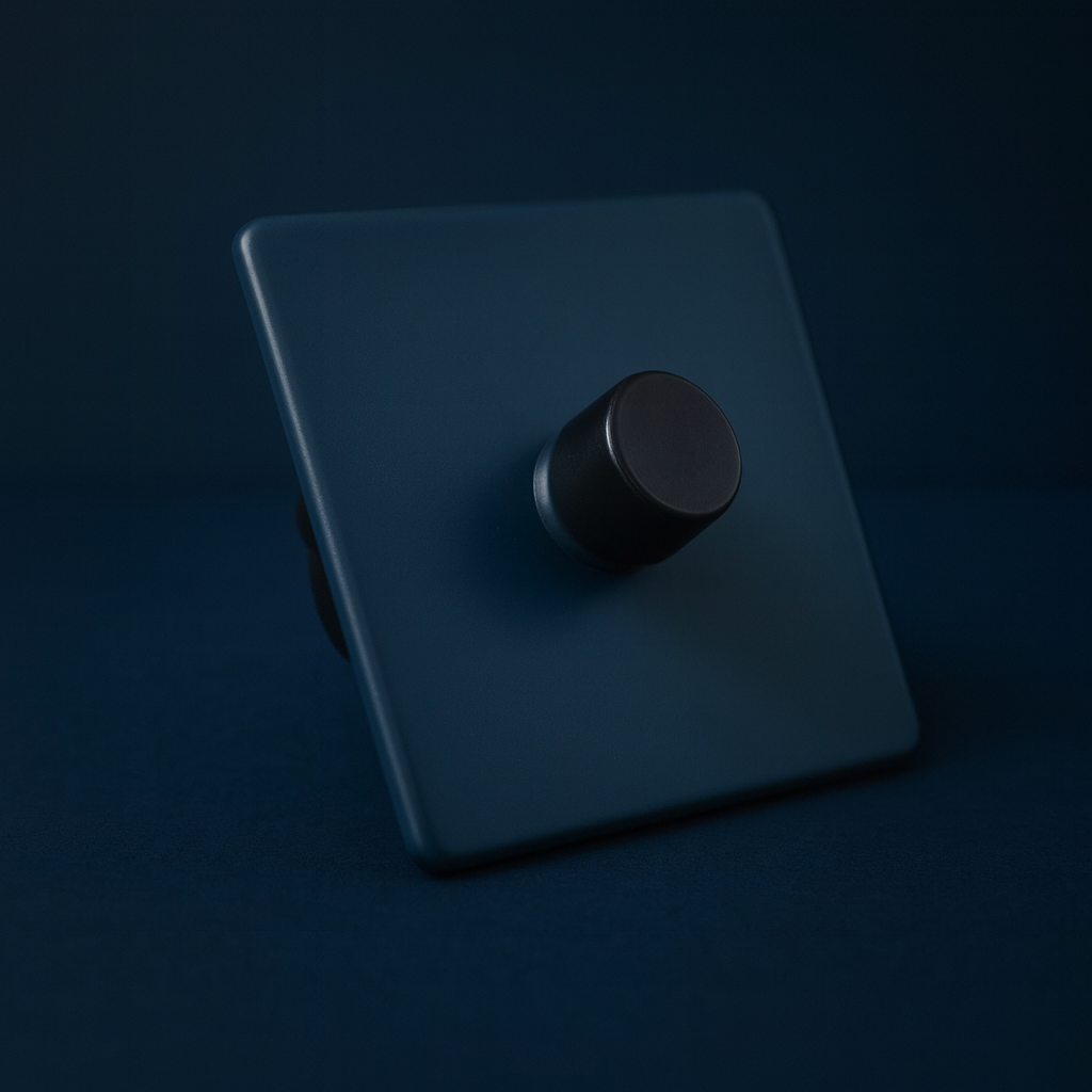 Hague blue square switch with a round black knob on a Hague blue background