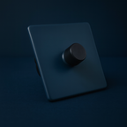 Hague blue square switch with a round black knob on a Hague blue background
