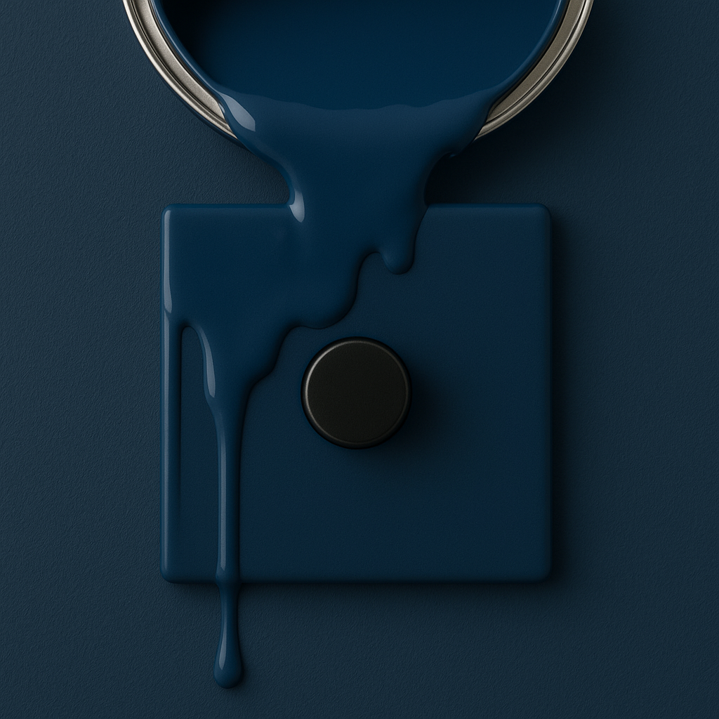 hague blue dimmer 
with paint drip on a hague blue background