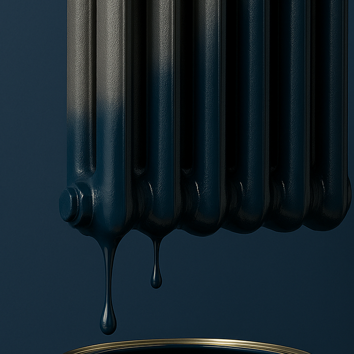 hague blue radiator with paint dripping into a paiot tin on a hague blue background