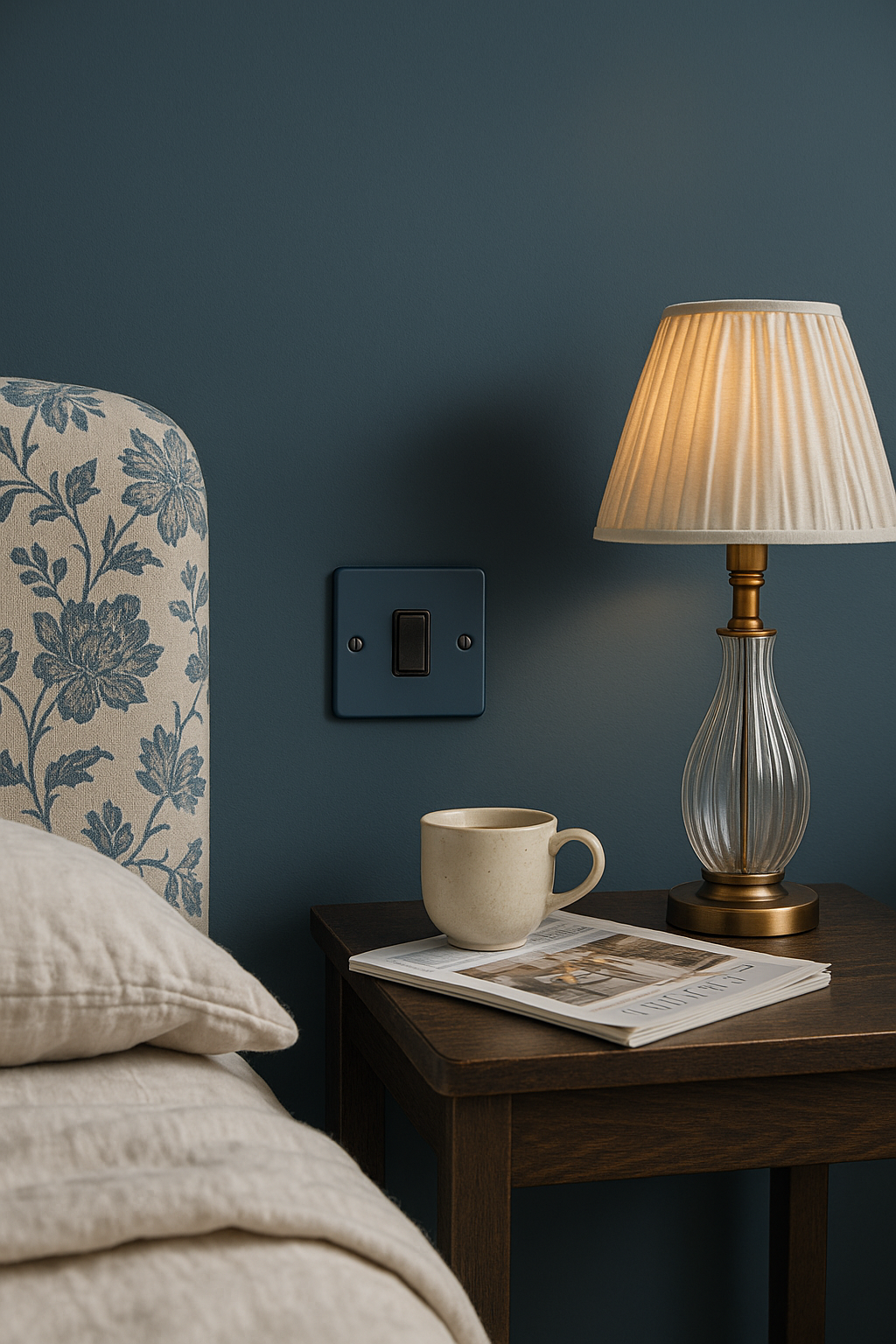 hague blue switch on a hague blue  wall with floral-patterned headboard and lamp.