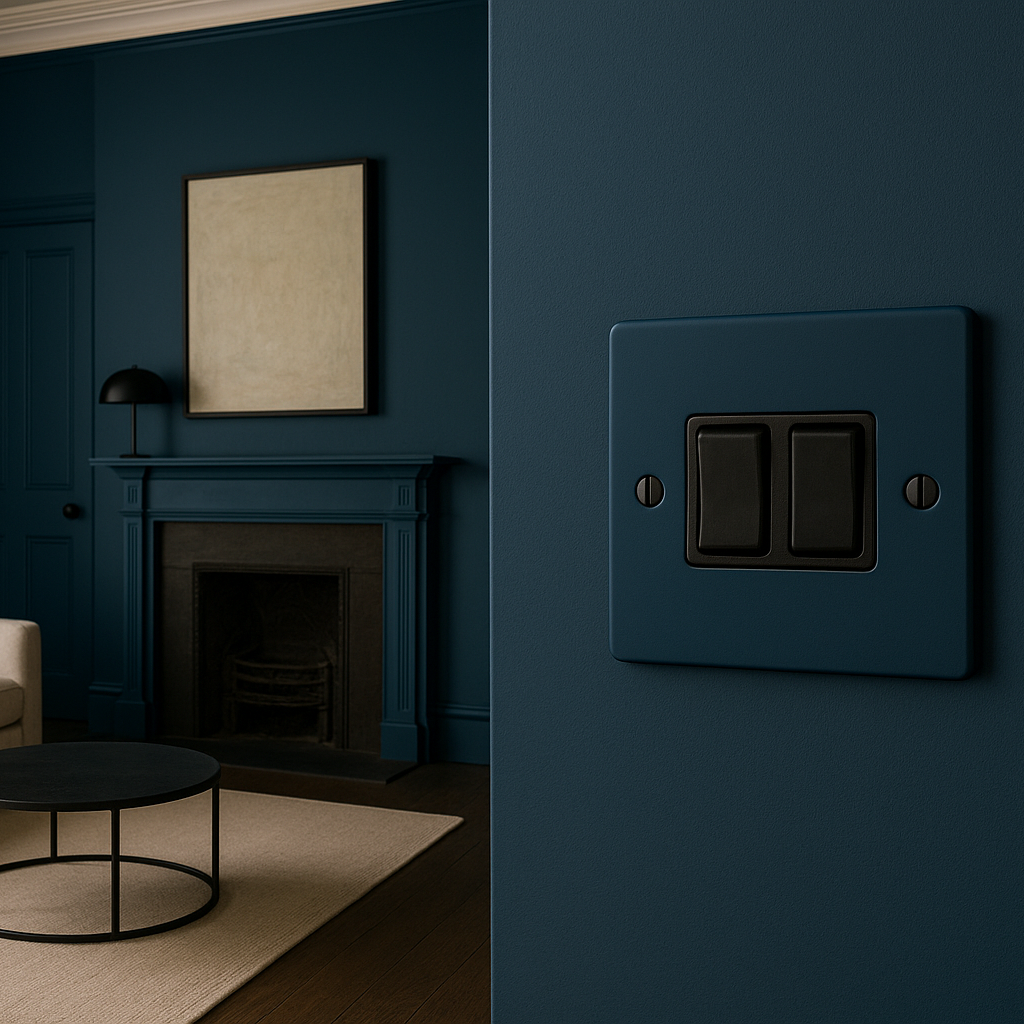 Hague blue wall with a Hague blue light switch and beige sofa in a room.