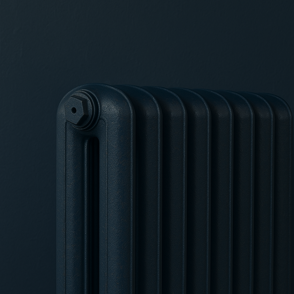 Hague blue radiator against a Hague blue background