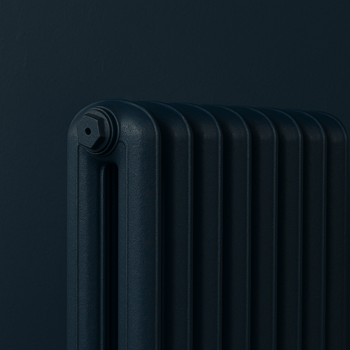 Hague blue radiator against a Hague blue background