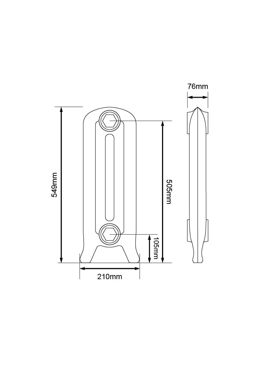 Technical drawing of a radiator with dimensions labeled