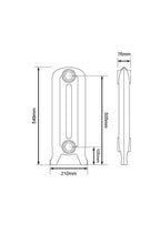 Technical drawing of a radiator with dimensions labeled