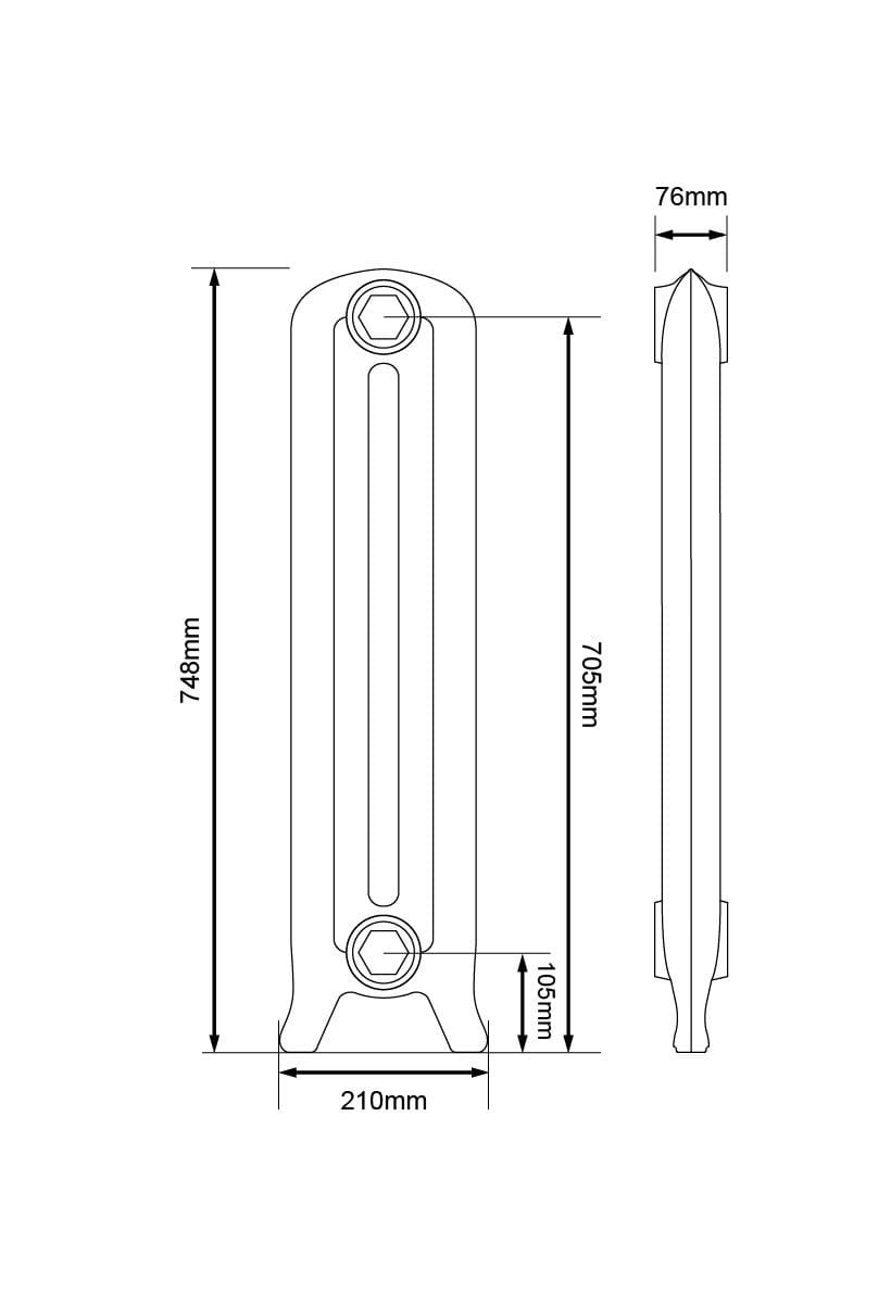 Technical drawing of a radiator with dimensions labeled