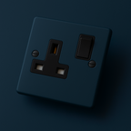 Hague Blue electrical socket with black switch on a Hague Blue background