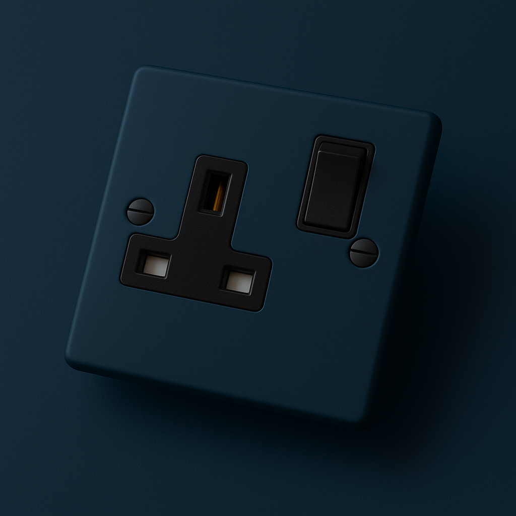 Hague Blue electrical socket with black switch on a Hague Blue background