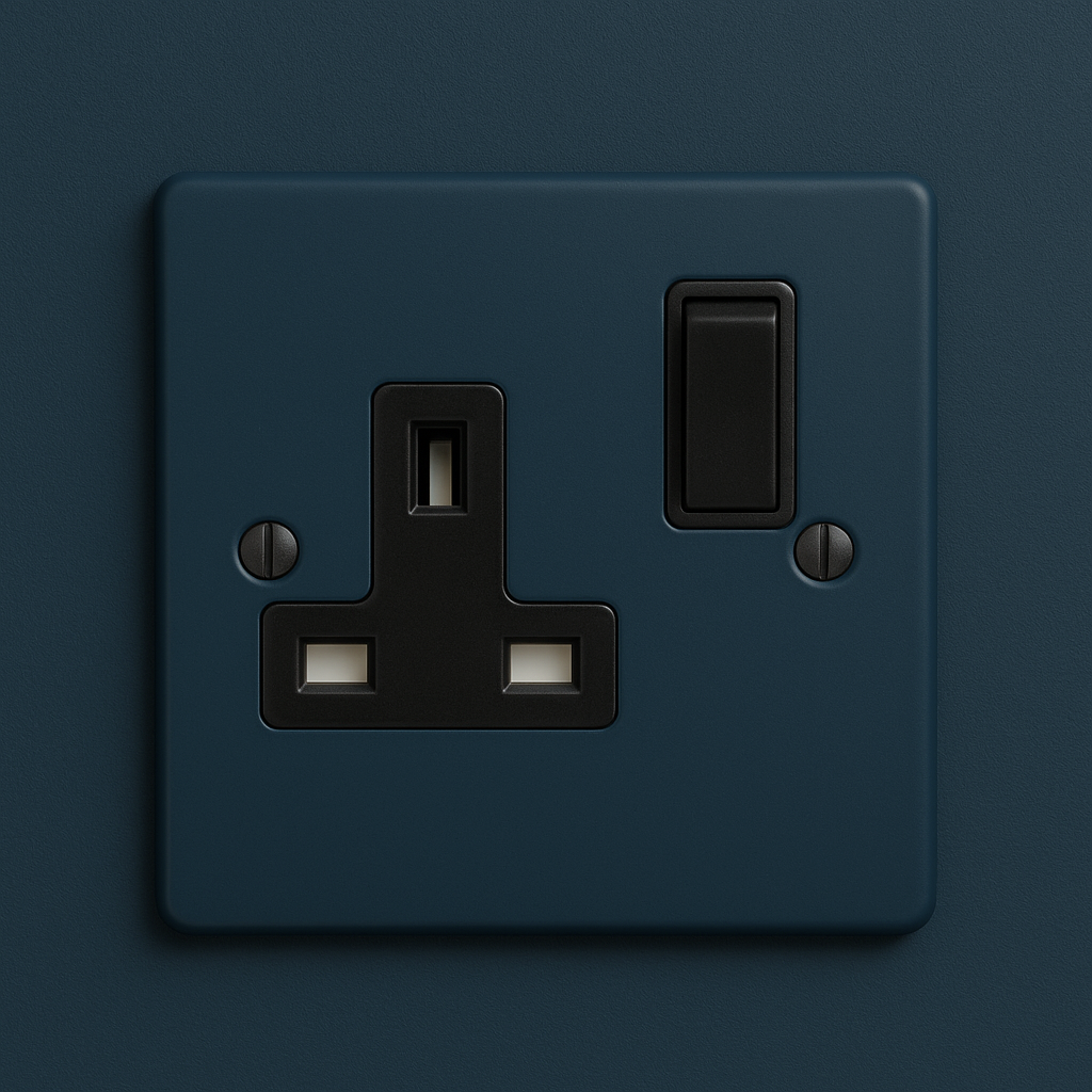 Hague blue electrical socket with black switch on a Hague Blue background