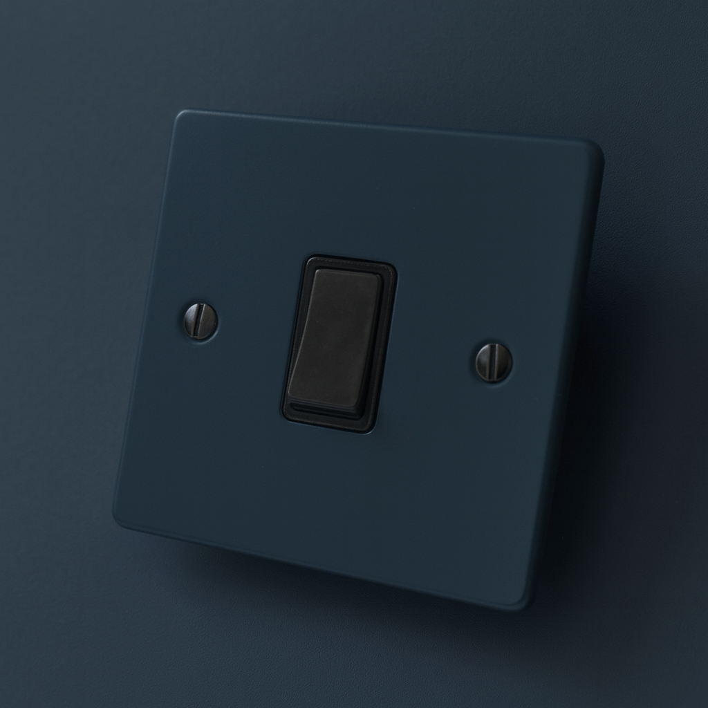 Hague blue light switch with a black rocker on a Hague blue background