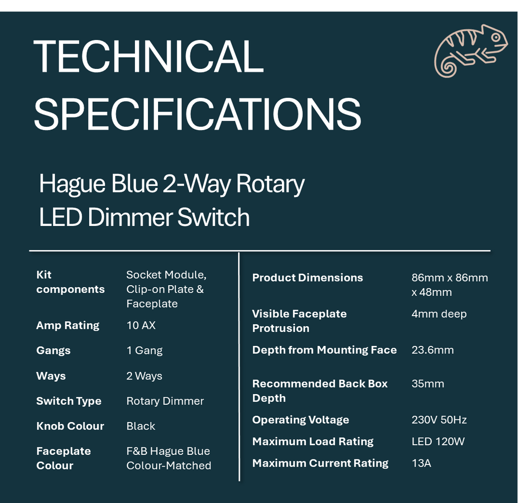 Technical specifications of a Hague Blue 2-Way Rotary LED Dimmer Switch on a Hague blue background.