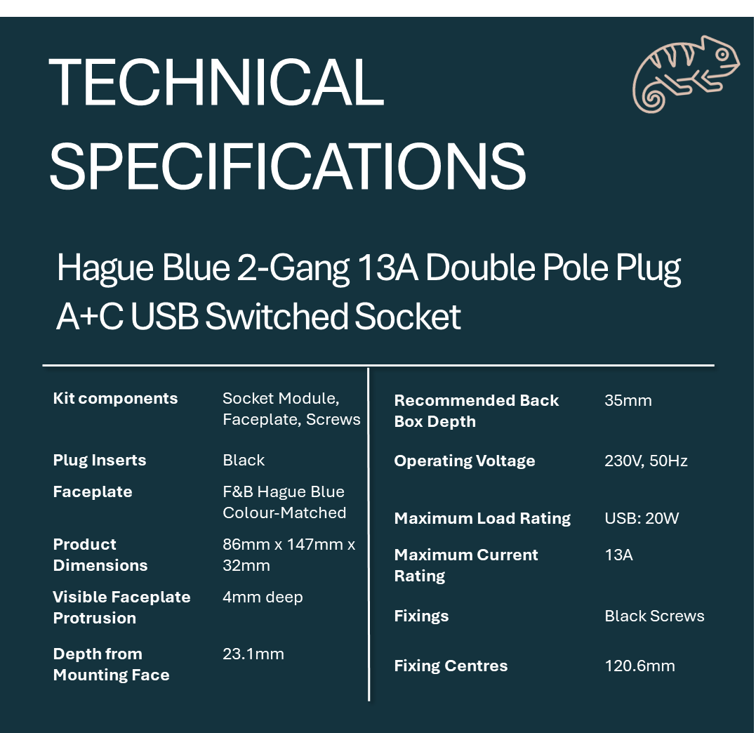Technical specifications of a Hague Blue electrical socket on a hague blue background