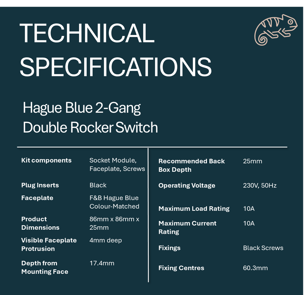 Technical specifications of a Hague Blue 2-Gang Double Rocker Switch on a Hague Blue  background.