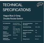Technical specifications of a Hague Blue 2-Gang Double Rocker Switch on a Hague Blue  background.