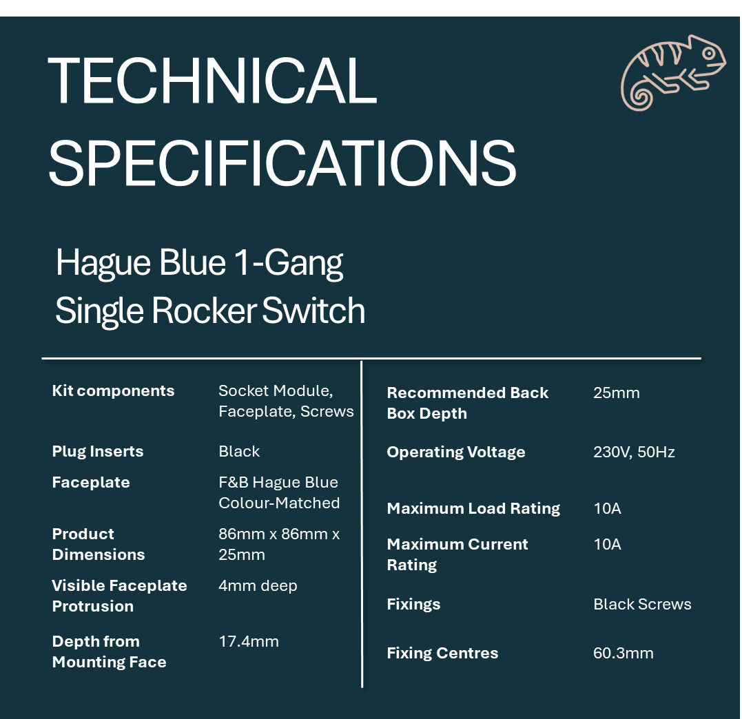 Technical specifications of a Hague Blue 1-Gang Single Rocker Switch on a Hague blue  background.